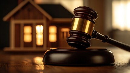 A judge's gavel on a sounding block with a blurred model house in the background, symbolizing real estate law, property disputes, auctions, and foreclosure.