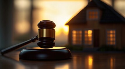 Wooden gavel beside a lit model house, symbolizing real estate law, property disputes, auctions, and housing transactions.