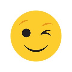 Fototapeta premium A cheerful yellow smiley face with one eye closed and a subtle smile expressing playfulness and good humor on a white background