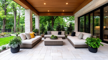 Luxurious patio with modern outdoor furniture, lush greenery, and elegant design creates serene