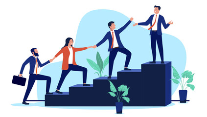 Business team or businesspeople climbing a staircase to success, helping each other to reach their professional goals, teamwork concept in modern flat design vector illustration