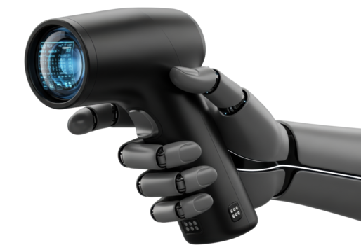 Highly detailed charcoal-grey synthetic hand precisely gripping a sleek, matte obsidian optical scanner with glowing cerulean readouts on a transparent background, Concept of advanced bio-data
