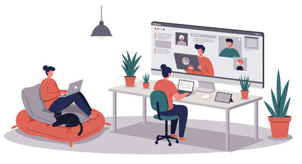 Two individuals are depicted working remotely from their comfortable home environments, engaging in a virtual video conference for seamless online collaboration.