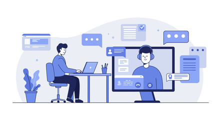 A dedicated professional conducts a virtual meeting from their modern home office, actively collaborating and communicating digitally with colleagues online.