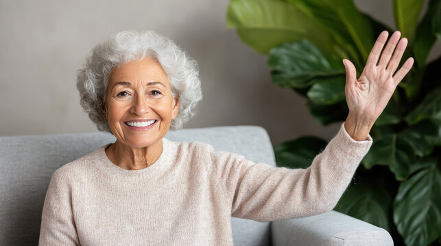 Smiling senior woman waving cheerfully at neighbors, showcasing warmth and friendliness