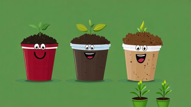 Whimsical cartoon plant pots with cheerful expressions