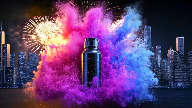 Colorful explosion with a sleek bottle against a city skyline