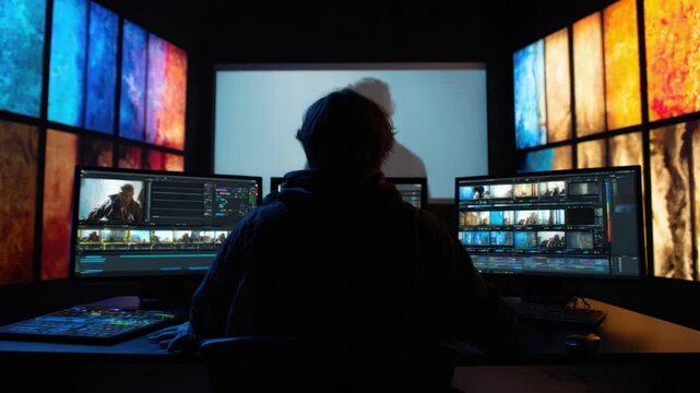 Edit bay setup: a professional video editor meticulously works at a computer editing suite. The scene reveals multiple displays in the editing process. The room is filled with vibrant color accents