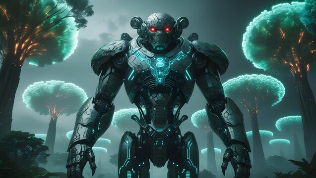 Menacing robot patrols alien forest planet concept