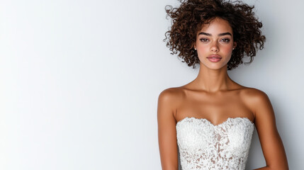 Elegant woman in lace wedding dress posing gracefully against white background