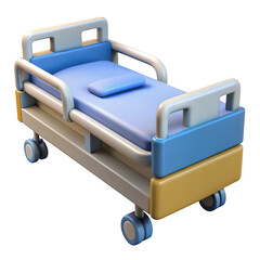 Realistic 3d rendered hospital bed with blue mattress and wheels for medical facilities transparent background