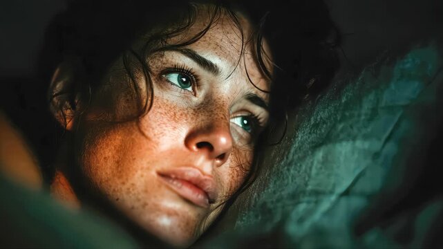 Thoughtful woman lying in bed under warm lighting, gazing into the distance with a pensive expression