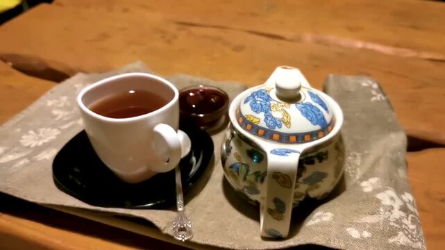 Russian cup of black tea in Mir Belarus.
