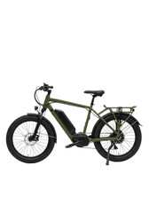 Obraz premium Rugged olive green electric cargo bike, prominent battery, large rear rack, thick tires, on kickstand, isolated against transparent studio background with copy space, concept of urban utility