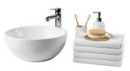 Bathroom sink with towels and accessories isolated on transparent background