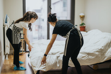 Two housekeepers collaborate to tidy and prepare a bed in a clean, spacious, and modern apartment,...