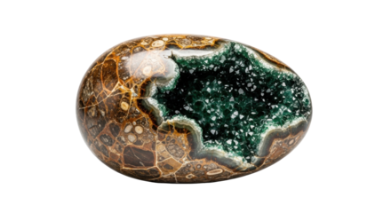 Petrified dinosaur egg, rough mottled brown exterior, fractured revealing shimmering emerald green geode interior, on a transparent studio background, ample copy space. Concept of ancient geological