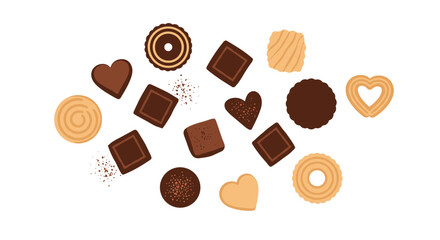A collection of delicious assorted cookies and chocolates scattered across a white background perfect for desserts and sweet treats