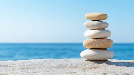 Balanced stones stacked on rock near ocean, symbolizing tranquility and harmony