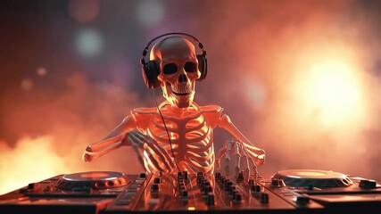 Skeleton dj wearing headphones mixes music on a dj mixer in a nightclub filled , creating a vibrant and spooky atmosphere for the halloween party - Powered by Adobe