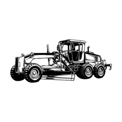 Black and white line art illustration of motor grader