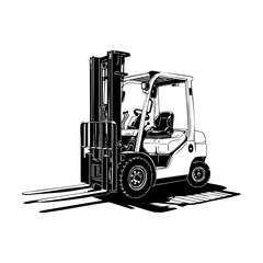 Black and white line art illustration of forklift