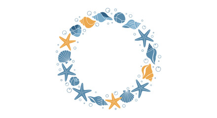 A charming circular arrangement of nautical shells and starfish adorned with tiny bubbles on a white background