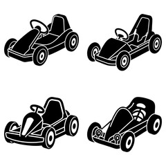 Obraz premium Four go karts in black and white with different designs showcasing racing vehicles and steering wheels