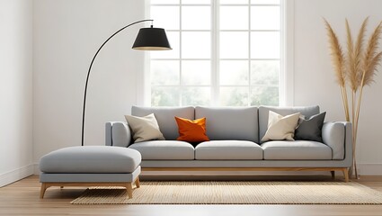 Modern living room with comfortable grey sofa ottoman and arc floor lamp near a large window