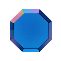 Macro shot of a perfectly octagonal, highly polished, iridescent deep blue acrylic, razor-sharp edges, soft high-key studio light on white background, concept of modern precision.