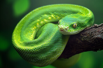 Obraz premium Captivating Emerald Green Tree Python Coiled on Branch, Piercing Orange Eyes.