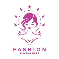 Lady with circle star logo design. Beauty Fashion logo design icon vector template