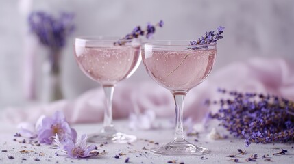 Lavender Cocktail. Glasses of Pink Champagne with Lavender Decoration for Special Events