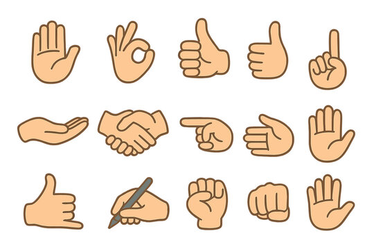 Vector hand gestures collection. Cartoon hands showing thumbs up, ok sign, pointing, handshake, and fist. Communication and business concept icons for web and mobile apps.
