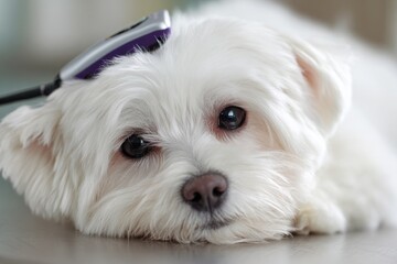 Maltese Grooming. Canino Purebred White Dog Getting Groomed with Electric Razor
