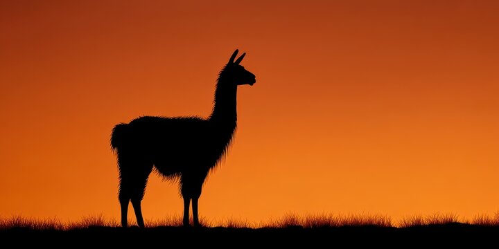 Llama Silhouette in Wild Desert Nature at Sunset. Mammal Wildlife Scene - Powered by Adobe