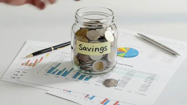 Hand dropping coin into jar labelled "Savings", atop financial reports
