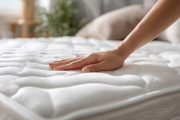 Mattress Sale. Woman Choosing a Comfortable Bed Background