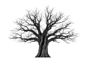 Colossal, leafless, gnarled tree with twisted branches and charcoal trunk on bare earth, against transparent studio, concept of enduring strength and solitude