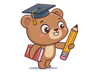Charming bear student character with graduation hat, pencil and book, educational clipart, transparent.