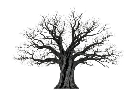 Colossal, leafless, gnarled tree with twisted branches and charcoal trunk on bare earth, against transparent studio, concept of enduring strength and solitude