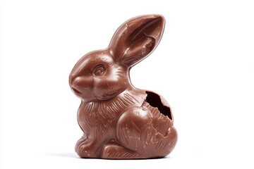 Milk Chocolate Bunny. Easter Candy Rabbit with Broken Ears on White Background
