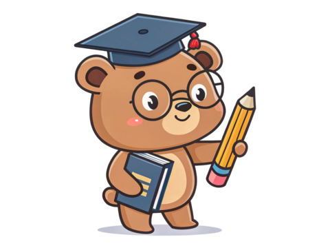 Playful small bear in cap holding school book and pencil, learning theme, isolated on transparent.
