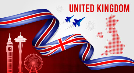 United Kingdom National Day Banner with Flag Ribbon and Landmarks