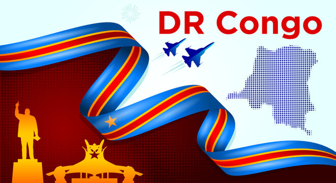 Democratic Republic of the Congo Independence Day Banner with Flag Ribbon and Landmarks