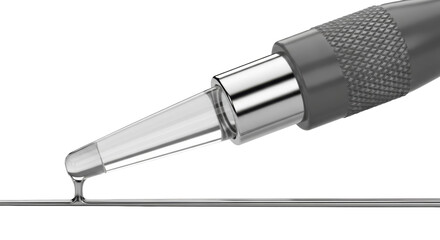 Fototapeta premium Ultra-precise applicator tool with dark gray handle, chrome ferrule, clear silicone tip dispensing metallic silver liquid in a straight line on transparent background, high-key studio. Concept of