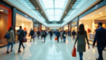 Interior borroso de un centro comercial, compradores caminando con bolsas, efecto de desenfoque de movimiento, escena minorista dinámica y abstracta