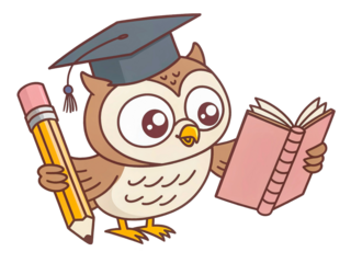 Wise cartoon owl in cap, educational mascot carrying pencil and book, transparent background.