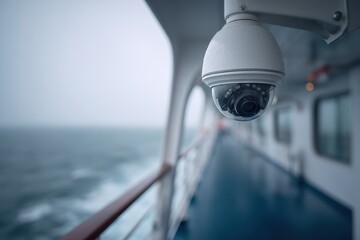 Ocean Surveillance: Ship's Bridge with Surveillance Camera Watching Decks Below on Ferry Cruise