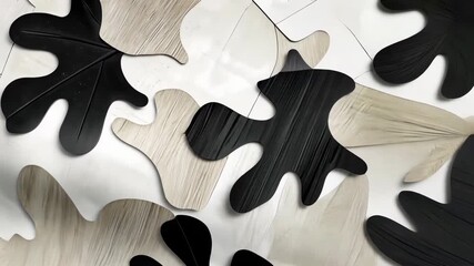 Abstract wall art featuring black and neutral leaf shapes on textured background
